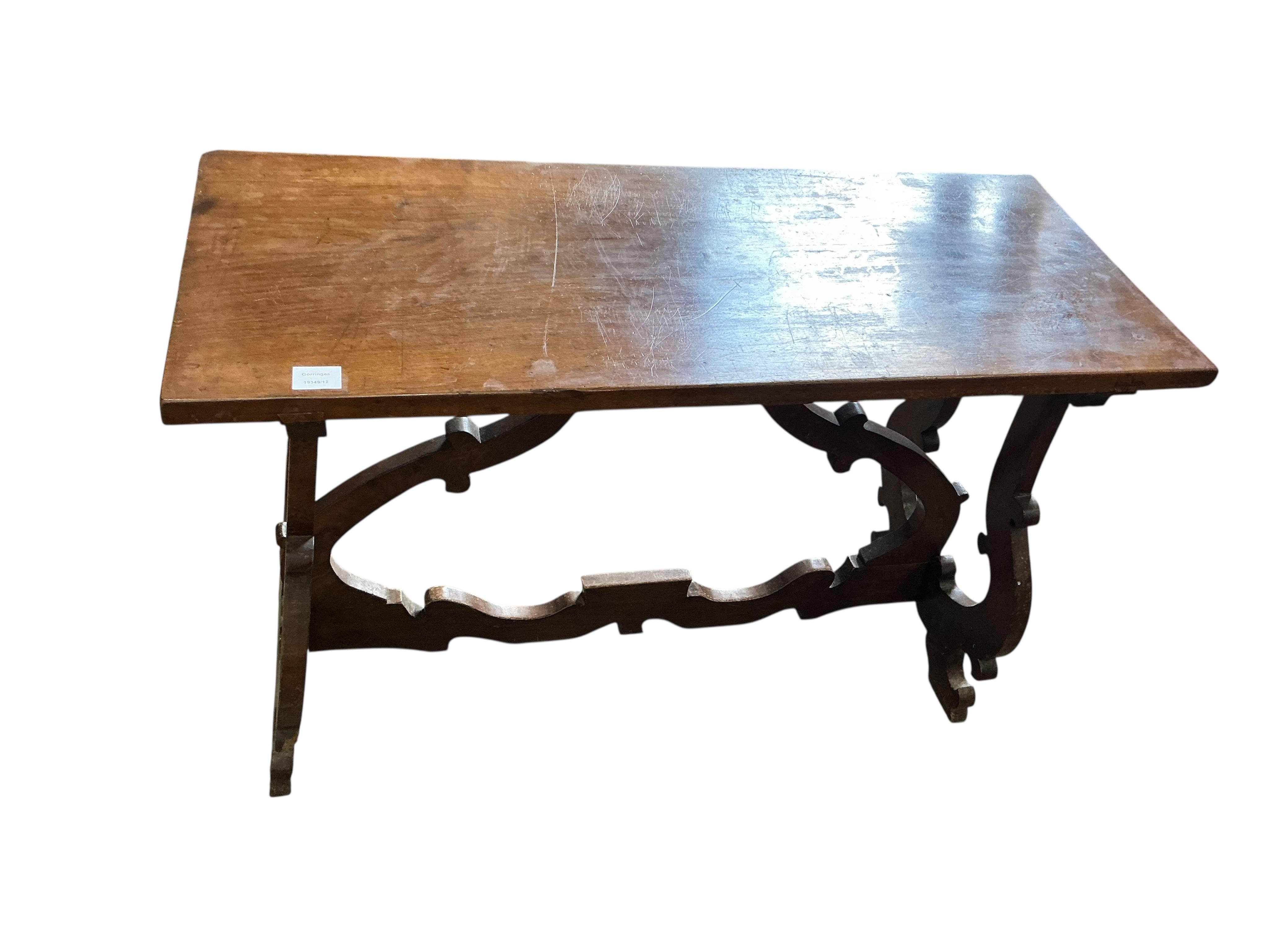 An 18th century style Spanish rectangular walnut occasional table, width 104cm, depth 43cm, height 70cm